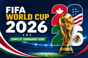 FIFA World Cup 2026 trophy displayed in a packed stadium ahead of the tournament.