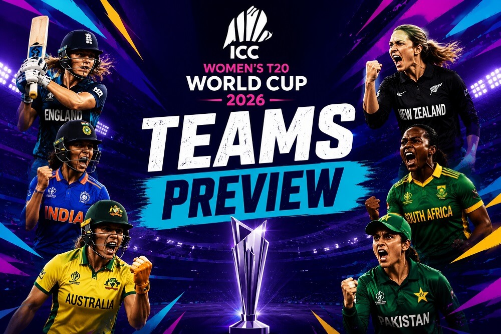 Top women's cricket teams preparing for the ICC Women's T20 World Cup 2026 under stadium lights.