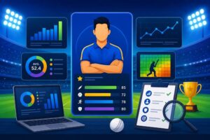 Fantasy sports player statistics analysis dashboard showing recent form, averages, consistency, player roles, participation, scoring breakdowns, and sample size data.
