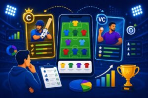 Fantasy sports captain and vice-captain selection dashboard showing player form, role analysis, participation, fantasy point multipliers, and player comparison tools.