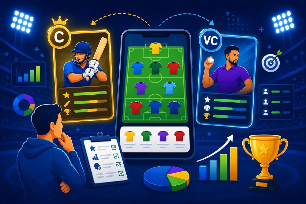 Fantasy sports captain and vice-captain selection dashboard showing player form, role analysis, participation, fantasy point multipliers, and player comparison tools.